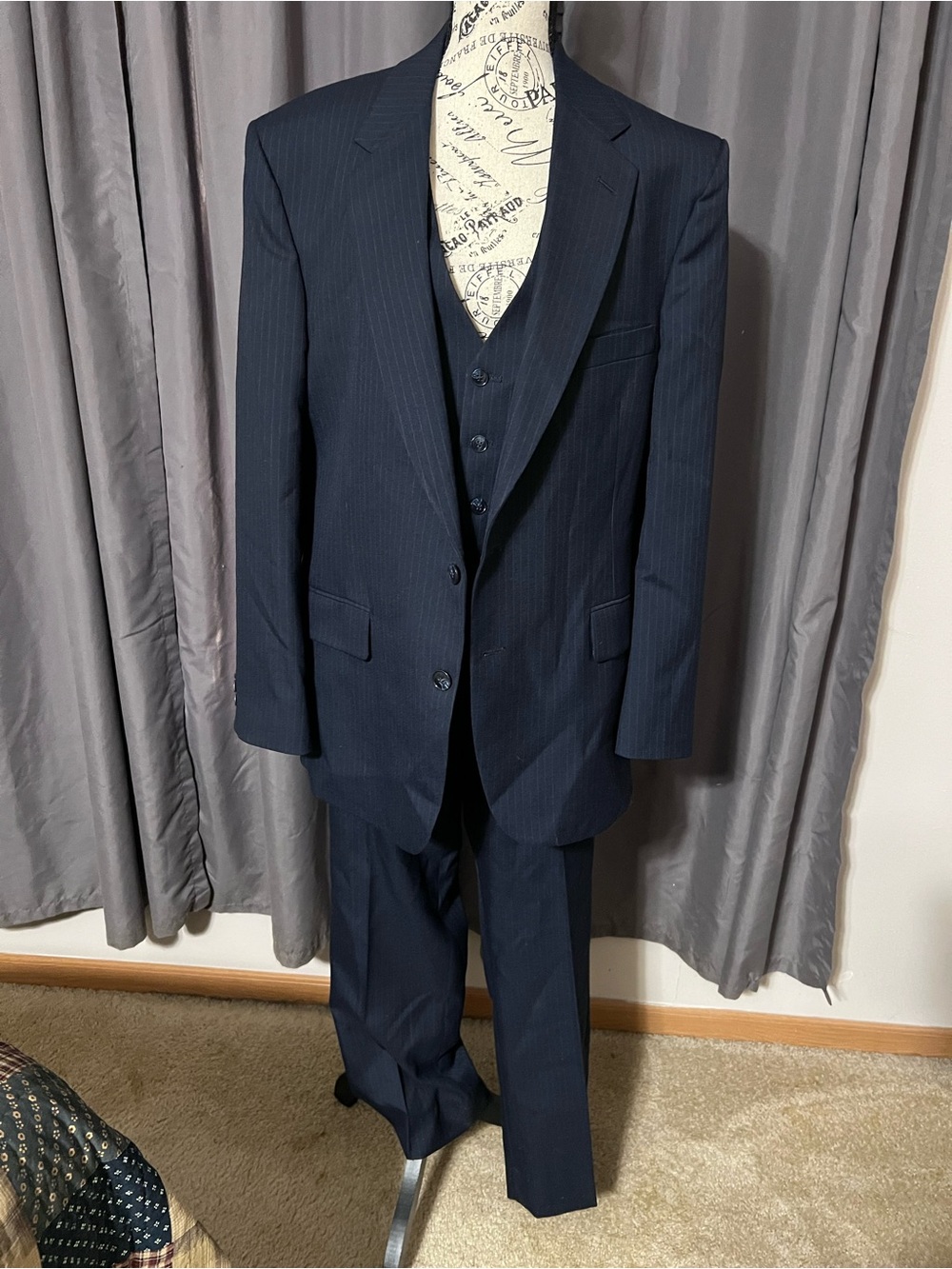 Vintage Johnny Carson 3 Piece Suit Mens Navy Pinstripe ACTWU Made in USA